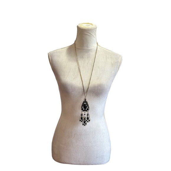 Black Stone Statement Necklace With Long Gold Chain & Teardrop Pendant - Picture 7 of 7